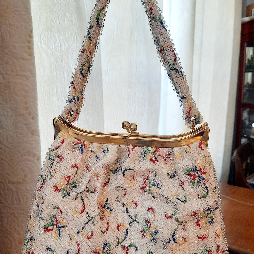 Vintage 1940s 1950s Lumured Corde Beaded Purse w/Original Mirror Coin Purse - Picture 3 of 5